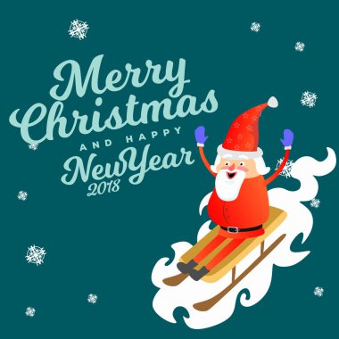 kırmızı şapka ve ceket, beyaz kar kızak üzerinde dağdan aşağı inişli çıkışlı sakallı Noel Baba evlenmek Noel ve mutlu yeni yıl vektör çizim