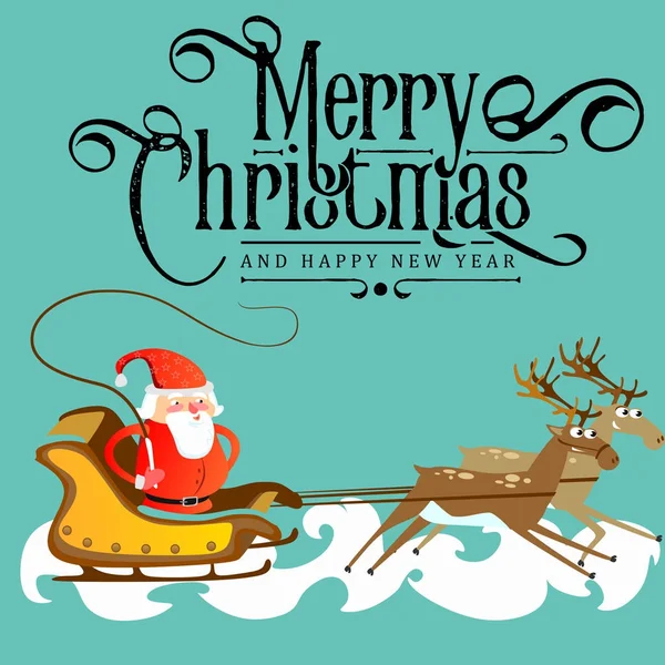 Санта-Клаус в красной шляпе и пиджаке, с бородой бежит в санях гоняясь за своим оленем, женится на Рождество и счастливой новогодней векторной иллюстрацией — стоковый вектор