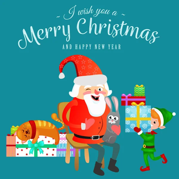 サンタ クロースのひげと赤い帽子の座って野ウサギ椅子に手になる希望、猫あるエルフの贈り物を準備、クリスマスと幸福な新しい年のベクトル図の結婚 — ストックベクタ