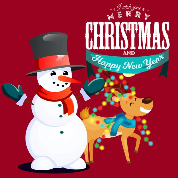 Bałwan w czarny kapelusz i rękawiczki, czerwony szalik wiązanej wokół szyi, nos z marchewki uśmiechający się Jeleń w światła herland na rogi, poślubić Boże Narodzenie nowy rok wektor ilustracja — Wektor stockowy