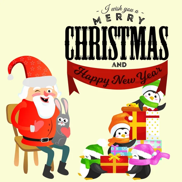 サンタ クロースのひげと赤い帽子の座って野ウサギ椅子に手になる希望、キャップとスカーフのペンギンの贈り物を準備、クリスマス、新年あけましておめでとうございますベクトル図の結婚 — ストックベクタ