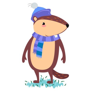 Mutlu yeşil çimenlerin üzerinde stand Bugün Aslında Dündü tasarımı Fularlı sevimli Dağ sıçanı ile hava, hayvan tahmin sonra kışı, zemin burrows dışarı tırmandı domuz gipernation vektör çizim