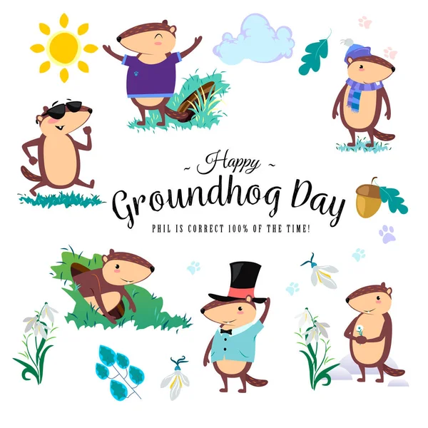 Happy Groundhog Day set, jolie marmotte en cylindre tient fleur - chute de neige blanche, prévision du temps, animal grimpé hors des terriers après l'hivernage, illustration vectorielle de givrage du porc — Image vectorielle