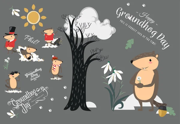 Happy Groundhog Day set, jolie marmotte en cylindre tient fleur - chute de neige blanche, prévision du temps, animal grimpé hors des terriers après l'hivernage, illustration vectorielle de givrage du porc — Image vectorielle