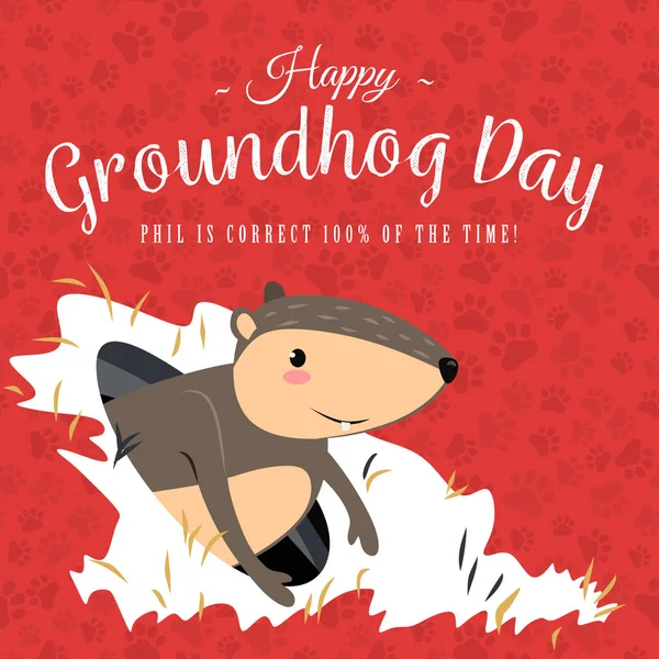 Lycklig Groundhog Day design med söt marmot står på grönt gräs, prediktion av väder, djur klättrade ur marken hålor efter övervintring, hog gipernation vektorillustration — Stock vektor
