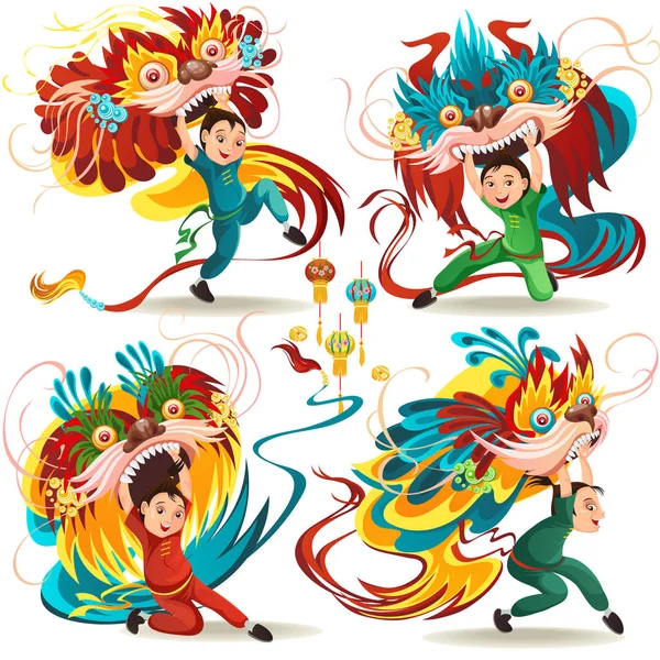 Čínský lunární nový rok lví tanec bojovat izolované na bílém pozadí, happy tanečnice v čínské tradiční kostým hospodářství barevný drak maska na přehlídce nebo karneval, kreslený styl vektorové ilustrace — Stockový vektor