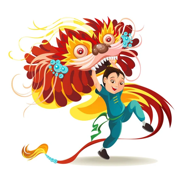 Nouvel An lunaire chinois Danse du lion Lutte isolée sur fond blanc, danseuse heureuse en Chine costume traditionnel tenant masque de dragon coloré sur le défilé ou le carnaval, illustration vectorielle de style dessin animé — Image vectorielle