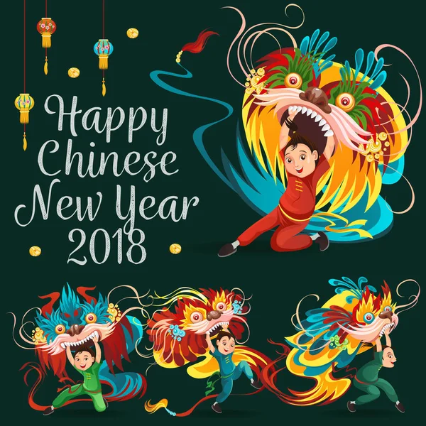 Kinesiska Lunar New Year Lion dans slåss isolerad på mörk bakgrund, glada dansare i Kina traditionell dräkt innehav färgglada draken mask på parad eller karneval, tecknad stil vektorillustration — Stock vektor