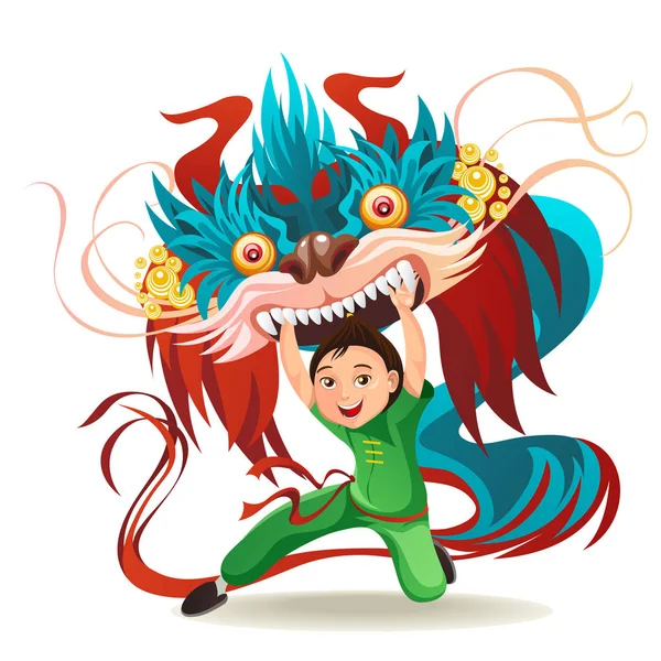 Ano Novo Lunar Chinês Lion Dance Fight isolado no fundo branco, dançarino feliz na china traje tradicional segurando máscara de dragão colorido no desfile ou carnaval, desenho animado estilo vetor ilustração — Vetor de Stock