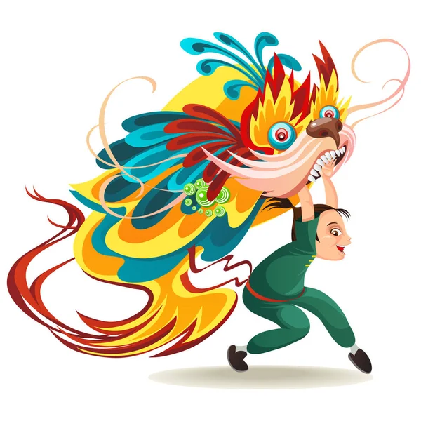 中国农历新年舞狮比赛在白色背景下被隔绝, 快乐舞蹈家在中国传统服装藏品五颜六色的龙面具在游行或狂欢节, 卡通风格矢量插画 — 图库矢量图片