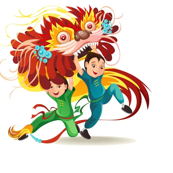 Nouvel An lunaire chinois Danse du lion Lutte isolée sur fond blanc, danseuse heureuse en Chine costume traditionnel tenant masque de dragon coloré sur le défilé ou le carnaval, illustration vectorielle de style dessin animé — Image vectorielle