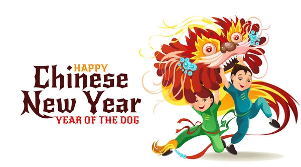 Çin ay yeni yıl aslan dans beyaz arka planda, Çin geleneksel kostüm holding renkli ejderha maskeli geçit veya karnaval, mutlu dansçı izole mücadele karikatür tarzı vektör çizim — Stok Vektör