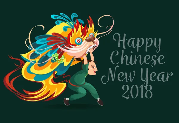 Čínský lunární nový rok lví tanec bojovat izolované na tmavém pozadí, happy tanečnice v čínské tradiční kostým hospodářství barevný drak maska na přehlídce nebo karneval, kreslený styl vektorové ilustrace. — Stockový vektor