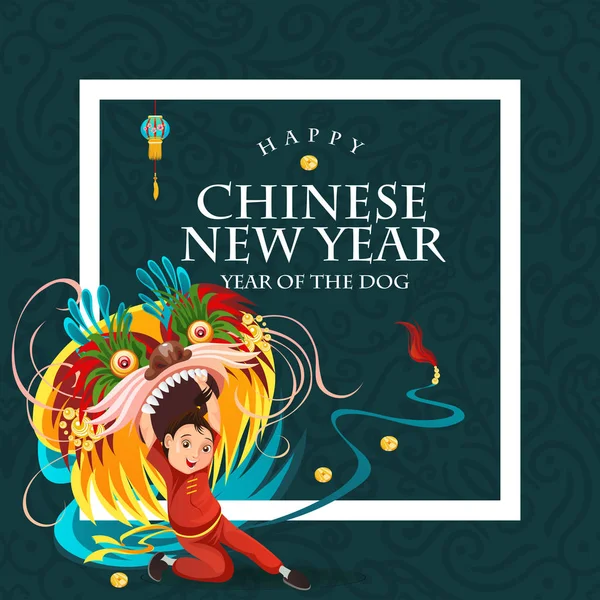 Κινεζικό σεληνιακό νέο έτος λιοντάρι χορού καταπολέμηση απομονώνονται σε σκούρο φόντο, ευτυχισμένος χορευτής στη Κίνα παραδοσιακή φορεσιά εκμετάλλευση πολύχρωμο δράκο μάσκα σε παρέλαση ή Καρναβάλι, καρτούν εικονογράφηση φορέα στυλ — Διανυσματικό Αρχείο