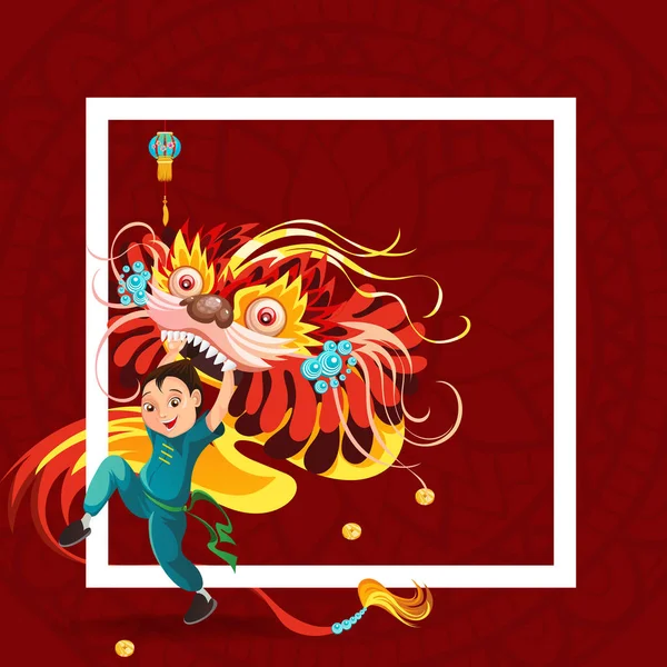 Nouvel An lunaire chinois Danse du lion Lutte isolée sur fond rouge, danseuse heureuse en Chine costume traditionnel tenant masque de dragon coloré sur le défilé ou le carnaval, illustration vectorielle de style dessin animé — Image vectorielle