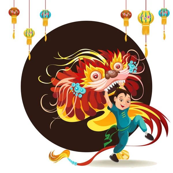 Nouvel An lunaire chinois Danse du lion Lutte isolée sur fond blanc, danseuse heureuse en Chine costume traditionnel tenant masque de dragon coloré sur le défilé ou le carnaval, illustration vectorielle de style dessin animé — Image vectorielle