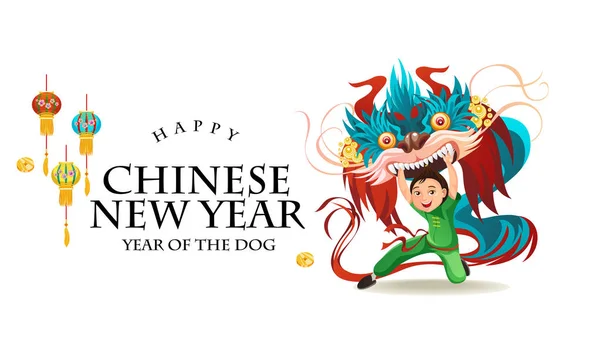 Kinesiska Lunar New Year Lion dans slåss isolerad på vit bakgrund, glada dansare i Kina traditionell dräkt innehav färgglada draken mask på parad eller karneval, tecknad stil vektorillustration — Stock vektor