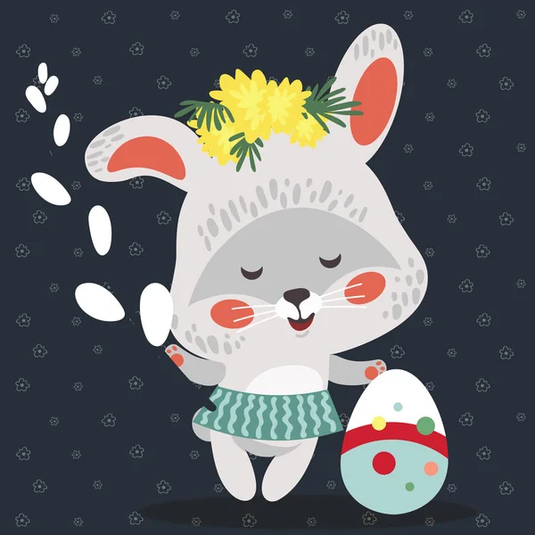 Easter baby bunny in wreath of dandelions holding big decorated egg and willow branch, isolated whire rabbit with ears hunting eggs vector illustration card