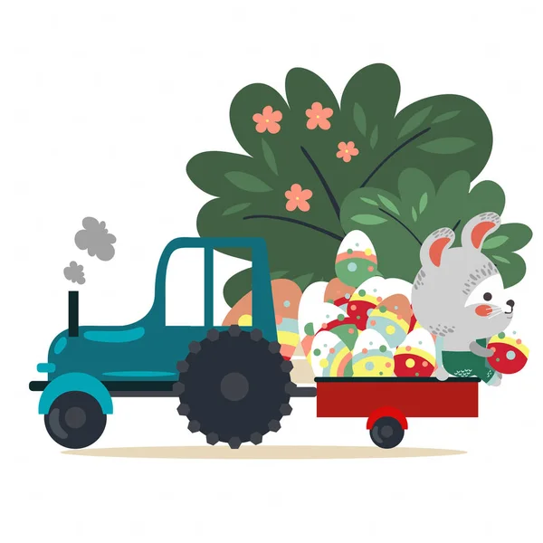 Húsvéti nyuszi ül a vontató kocsi teljes díszített tojások, aranyos fehér nyúl vadászat, autó, vektor üdvözlőlap-boldog ünnep, tavasszal a nyúl elszigetelt illusztráció — Stock Vector