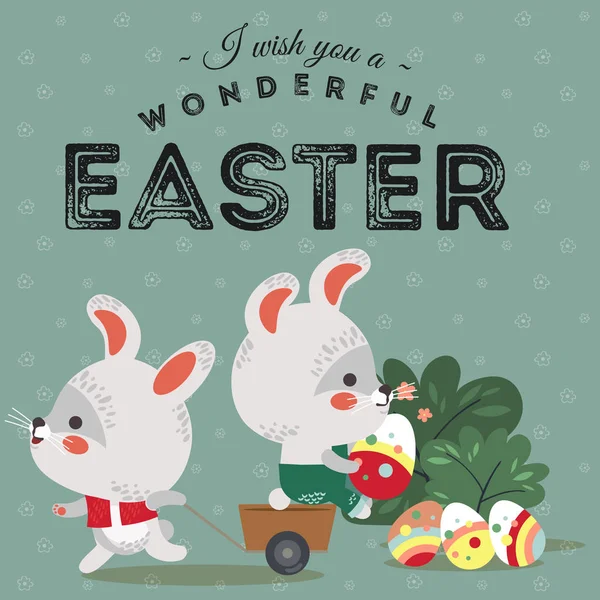 Coelho da Páscoa puxa um carrinho com bonito coelho branco segurando ovos decorados, feliz feriado caçador vetor cartão de saudação, lebre primavera ilustração isolada —  Vetores de Stock