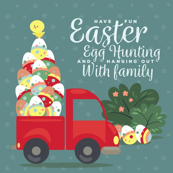 Húsvéti autó, teherautó tele díszített tojások, vektor üdvözlőlap-boldog ünnep, aranyos kis tavaszi csirke vadász elszigetelt illusztráció. — Stock Vector
