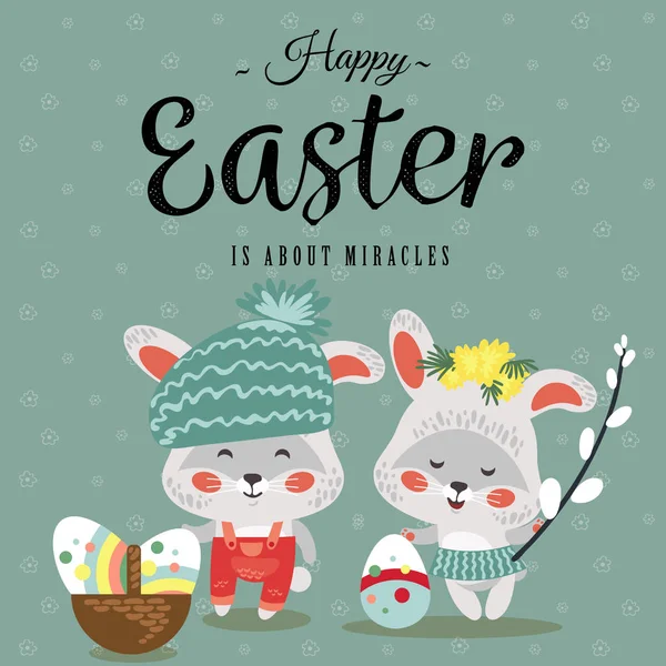 Easter baby bunny in wreath of dandelions holding big decorated egg and willow branch, isolated whire rabbit with ears hunting eggs, basket vector illustration card