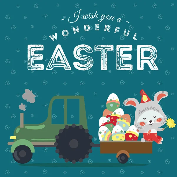Sada Velikonoční zajíček automobil s truck, zdobené kraslice lovec hospodářství plný koš, roztomilý Bílý králík auto řidiče na lov, vektor sváteční pozdrav card, jaro zajíc, samostatný obrázek — Stockový vektor