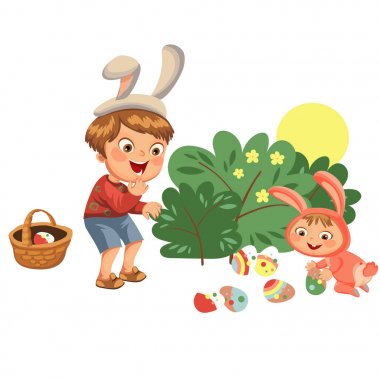 Küçük çocuk gülümseme avcılık dekoratif çikolata yumurta Paskalya tavşanı fırça altında kostüm kulakları ve kuyruğu, vektör çizim, bahar tatil eğlenceli, izole üzerinde beyaz, yumurta avcı için Paskalya sepeti