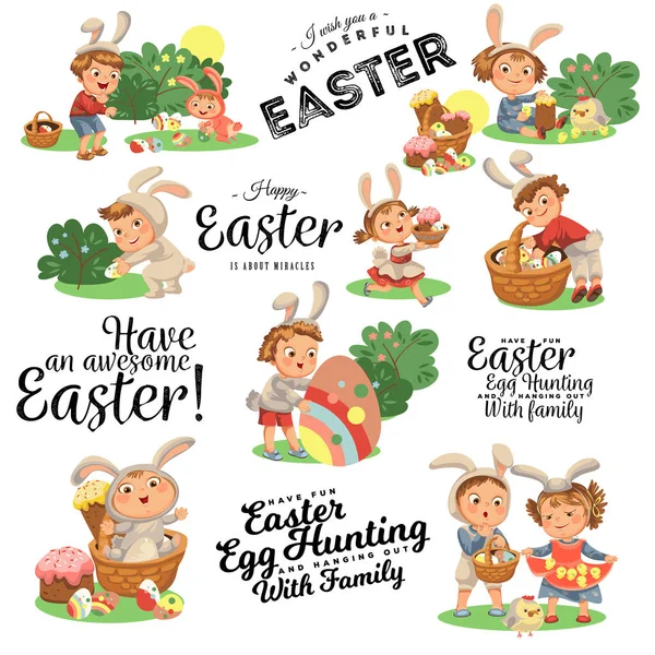 Set of Happy kids in bunny costume with ears hunting easter eggs, childrens play rabbits on spring holiday, decorative basket under bush vector illustration — Stock Vector