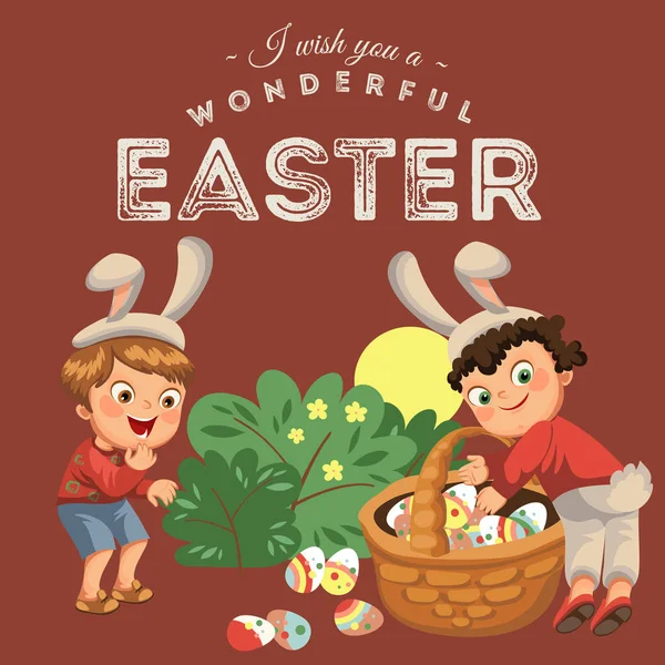 Мальчик улыбается, охотясь за декоративным шоколадным яйцом под кистью в костюме пасхального зайчика с ушами и хвостом, векторная иллюстрация, весеннее праздничное веселье, изолированное на белом, пасхальная корзина для охотника за яйцами — стоковый вектор