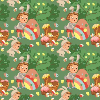 Dikişsiz desen çocuk gülümseme avcılık fırça olarak Paskalya bunny altında'deki dekoratif çikolata yumurta kostüm kulakları ve kuyruğu, vektör çizim, bahar tatil eğlenceli, izole üzerinde beyaz, yumurta Paskalya sepeti