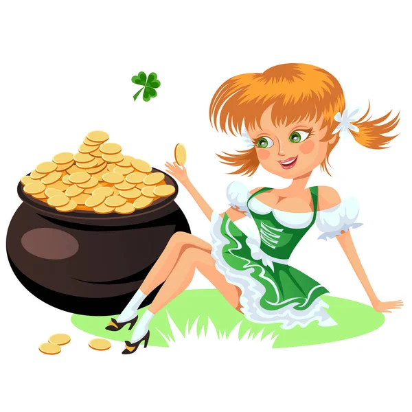 Saint patrick dag tecken, Sexig tjej i strumpor och cylinder med irländska symbol lycka till shamrock blad, tecknad kvinna kort grön klänning sitter nära potten full guld isolerad på vit vektorillustration. — Stock vektor