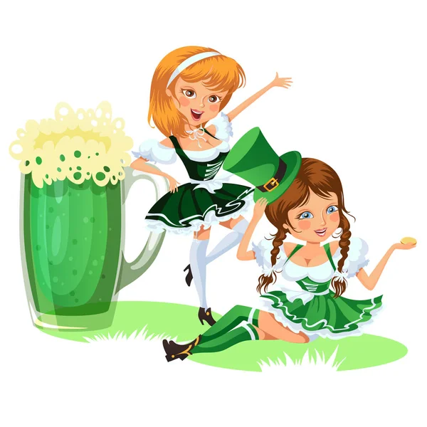 Saint patrick day characters, sexy girl in stockings with mug of green beer, glass full alcohol ale, woman in short dress, cartoon lady in costume isolated on white vector illustration. — Stock Vector