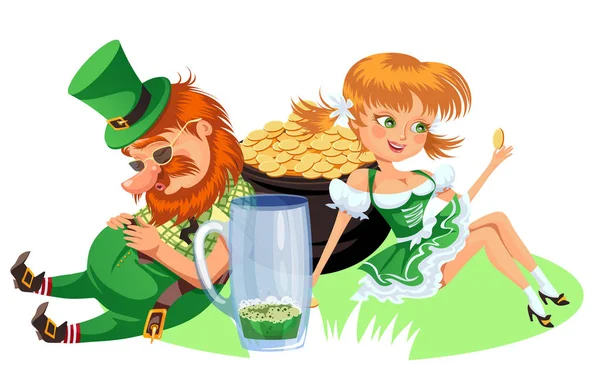 Saint patrick dag tecken, leprechaun och flicka med mugg grön öl, glas full alkohol ale, berusad man i cylinder symbol för lycka shamrock, cartoon elf sitter nära potten full guld pengar isolerad på — Stock vektor