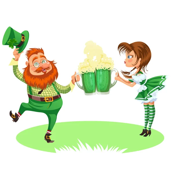 Saint patrick dag tecken, leprechaun och flicka med mugg grön öl, glas full alkohol ale, berusad man i cylinder symbol för lycka shamrock, cartoon elf isolerad på vit vektorillustration — Stock vektor