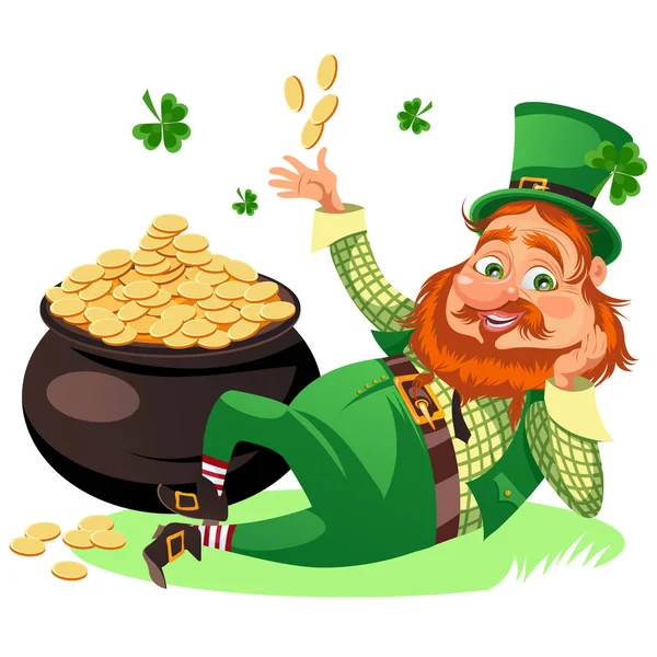 Saint patrick dag tecken, tomte med rött skägg man i cylinder symbol för lycka shamrock, cartoon elf sitter nära potten full guld pengar isolerad på vit vektorillustration — Stock vektor