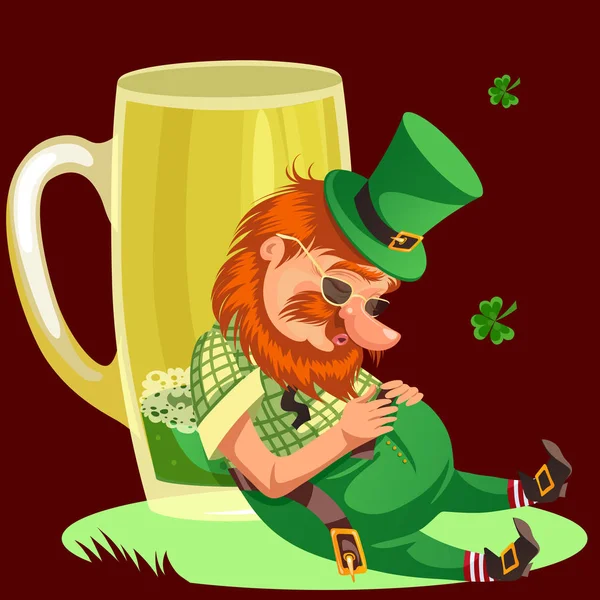 Szent Patrik nap manó a bögre zöld sör, üveg teljes alkohol ale, részeg ember alszik a kelta ír jelképe szerencséje shamrock levél, rajzfilm elf elszigetelt fehér vektor henger — Stock Vector