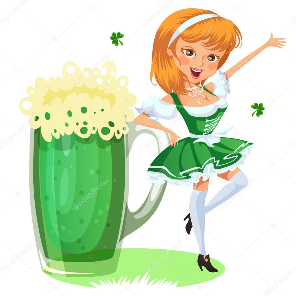 Saint patrick day characters, sexy girl in stockings with mug of green beer, glass full alcohol ale, woman in short dress, cartoon lady in costume isolated on white vector illustration.