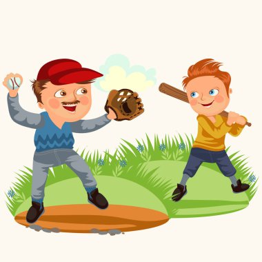 Baba oğul beyzbol ile darbe, Aile hafta sonu vektör çizim, mutlu Babalar günü dövüşürüm oyuncu holding yarasa çocuk oynarken top ve eldiven el ile baseballcap içinde