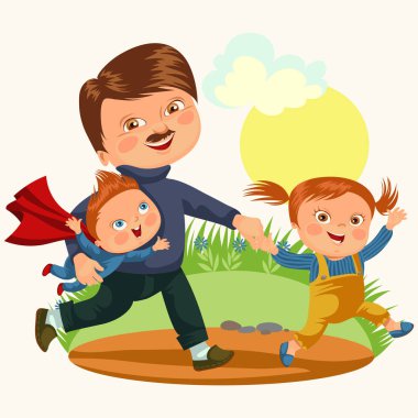 park, mutlu Babalar günü kavramı arka plan, süper çocuk ve kız aile yürüme yürümek çocuk ile Baba, baba, küçük kahraman oğlu ve kızı yaz oynarken vektör illüstrasyon izole.