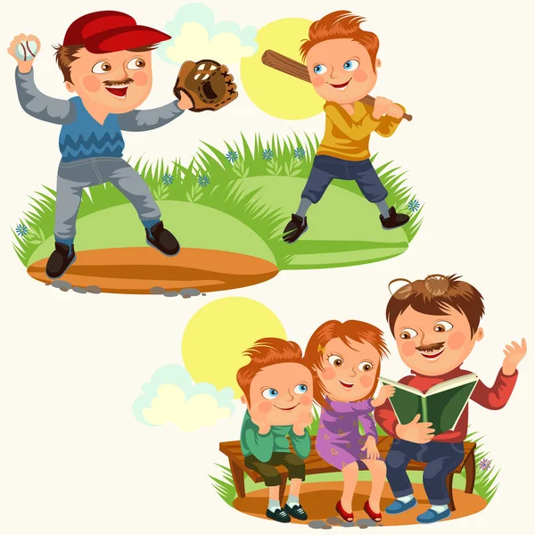 Set Glückwunschkarte zum Vatertag, Papa Spaß mit Kindern, Kinderbuch auf Parkbank lesen, Märchen lesen Familienurlaub, Papa spielt Sohn Baseball, Junge Spieler halten Fledermausvektorillustration — Stockvektor