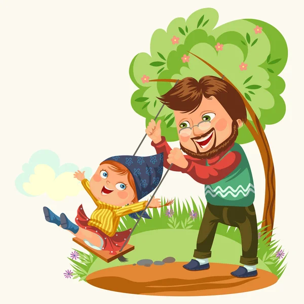 Papá enrolla a su hija en un columpio atado a un árbol, padres día feliz niño balanceo, vacaciones de verano familiar en el parque, juegos infantiles actividad aislada vector ilustración — Vector de stock