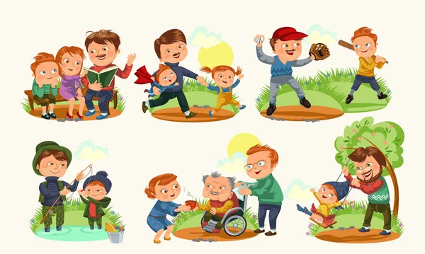 Set joyeux jour des pères carte de vœux, papa amusant avec les enfants, parent de petits enfants vacances en famille, papa amour fête illustration vectorielle, fils et fille soin homme avec moustache et — Image vectorielle