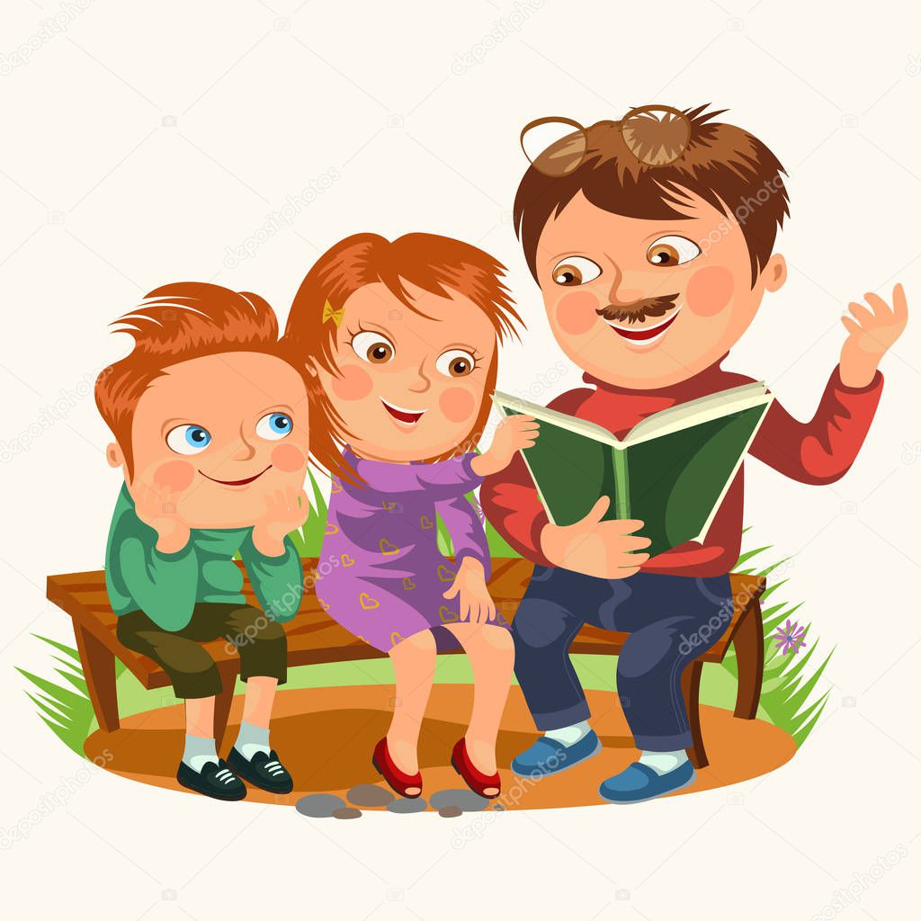 dad read book for childrens in park wooden bench, family kids reading fairy tales, little boy and girl listen daddy, parent of son daughter seat summer outdoor isolated vector illustration