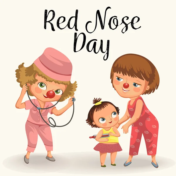 Happy red nose day, mother brought her daughter to medical doctor in hospital, mom fun clownnose and baby girl patient vector illustration, woman uniform diagnosis children in clinic — Stock Vector