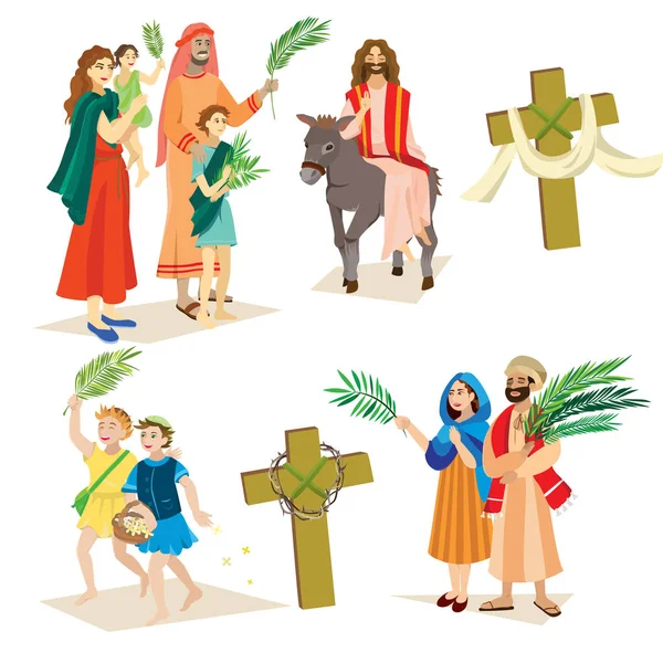 Religie vakantie palm zondag voor Pasen, viering van de ingang van Jezus in Jeruzalem, gelukkige mensen met palmboom bladeren vector illustratie, man rijdt Donkey, kinderen en vrouw groeten Christus — Stockvector