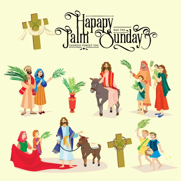 Religión fiesta palma domingo antes de Pascua, celebración de la entrada de Jesús en Jerusalén, gente feliz con hojas de palmera vector ilustración, hombre paseos burro, niños y mujeres saludos Cristo — Vector de stock