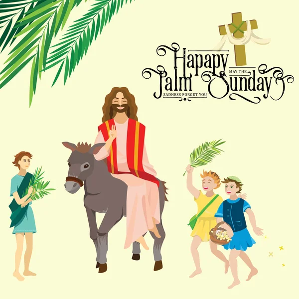 Uskonto loma palmu sunnuntai ennen pääsiäistä, Jeesuksen Jerusalemiin pääsyn juhla, onnelliset ihmiset palmujen lehtien kanssa vektorikuvaus, mies ratsastaa aasi, lasten tervehdys Kristus — vektorikuva