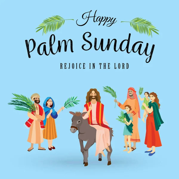 Uskonto loma palmu sunnuntai ennen pääsiäistä, Jeesuksen Jerusalemiin pääsyn juhla, onnelliset ihmiset palmujen kanssa lehdet vektori kuva, mies ratsastaa aasi, perhe terveisiä Kristus — vektorikuva
