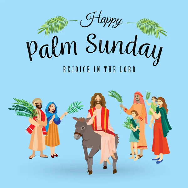 Religión fiesta palma domingo antes de Pascua, celebración de la entrada de Jesús en Jerusalén, gente feliz con hojas de palmera vector ilustración, hombre paseos burro, saludos familiares Cristo — Archivo Imágenes Vectoriales